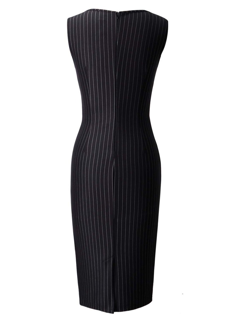 VFSHOW Womens Front Zipper Work Business Office Bodycon Dress Elegant Professional Career Church Party Pencil Sheath Dress (Black and White Striped, Large) 2619 BLK L - Image 4